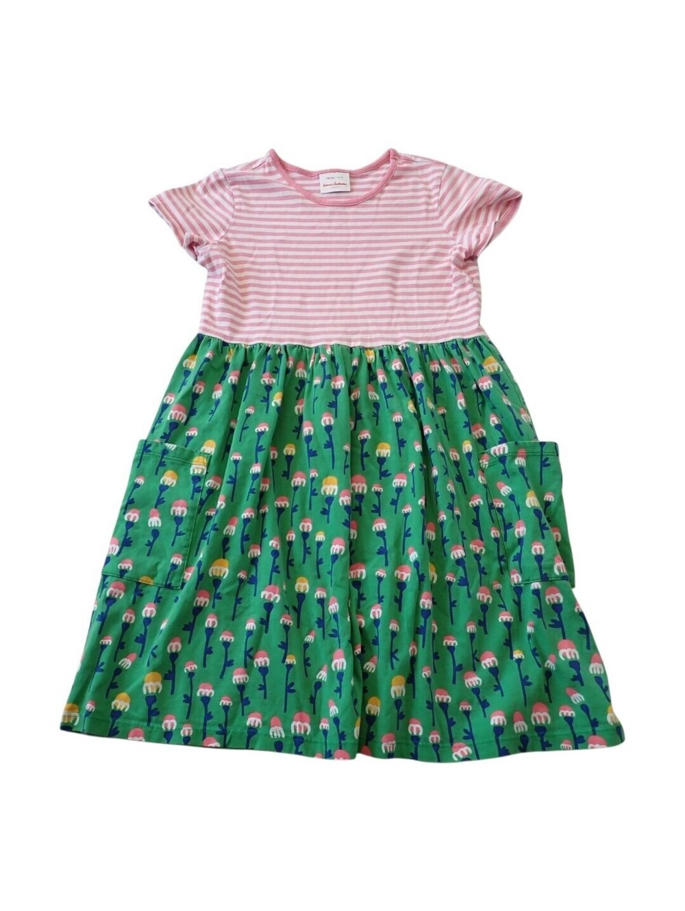 Hanna Andersson Dress Girls 12 150cm Pink Stripe Green Floral Short Sleeve